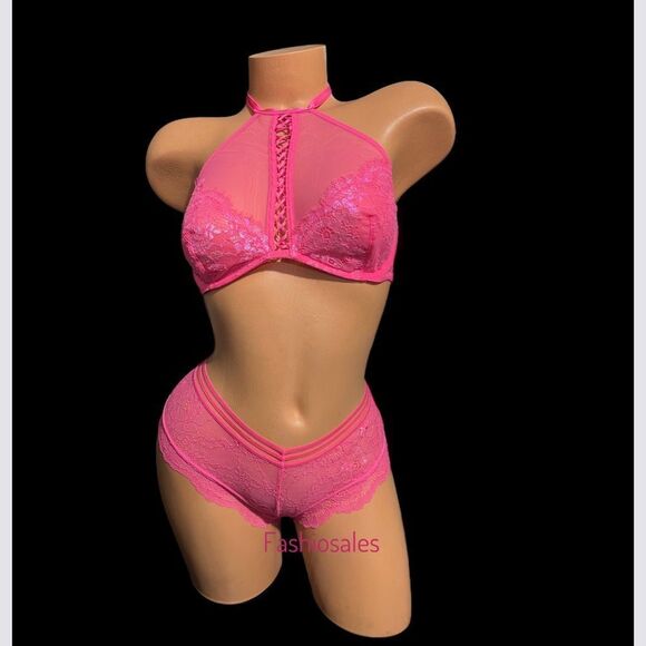 Victorias Secret Very Sexy High Neck Metallic Lace bralette bra & panty Set M - Picture 4 of 4